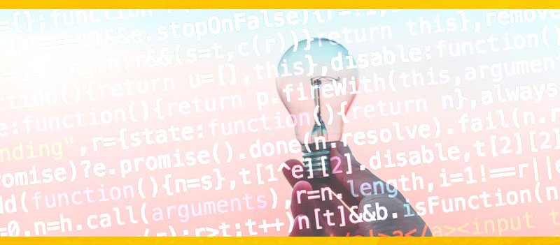 promotional image for growth marketing agency - light bulb to represent creativity and innovation and code to represent digital technology